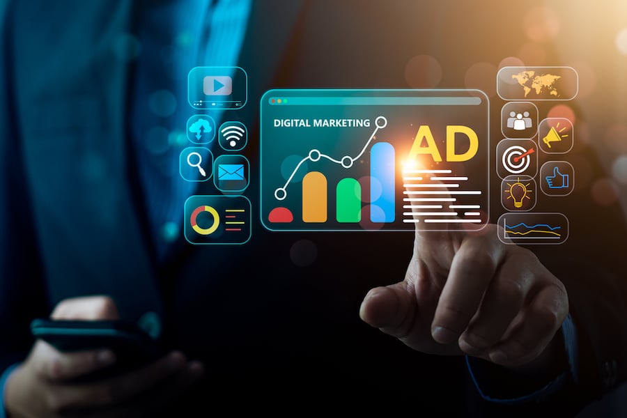 Digital marketing commerce online sale concept, Promotion of products or services through digital channels search engine, social media, email, website, Digital Marketing Strategies and Goals. SEO PPC